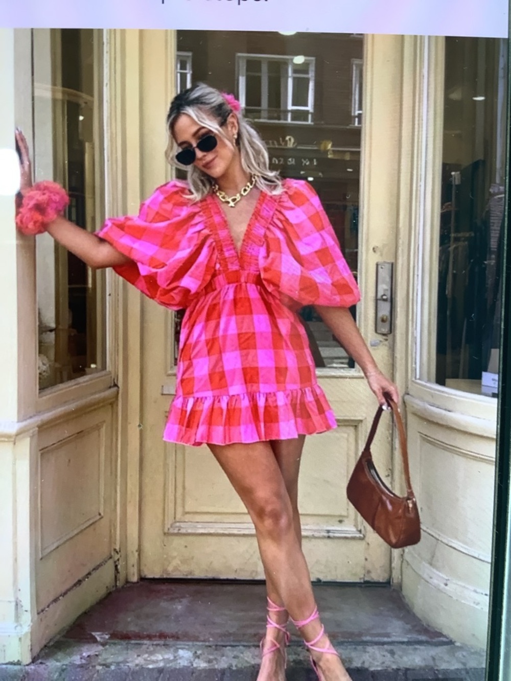 Pink Women's oversize plaid print puffed sleeve Mini Dress